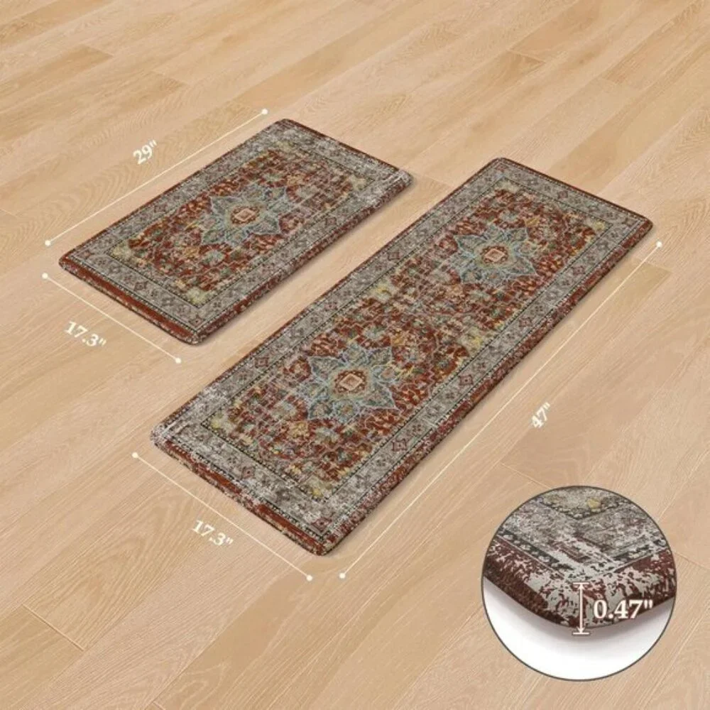 New Set of 2 Vintage Red Kitchen Rug, Anti-Fatigue, Non-Slip, Waterproof Mats